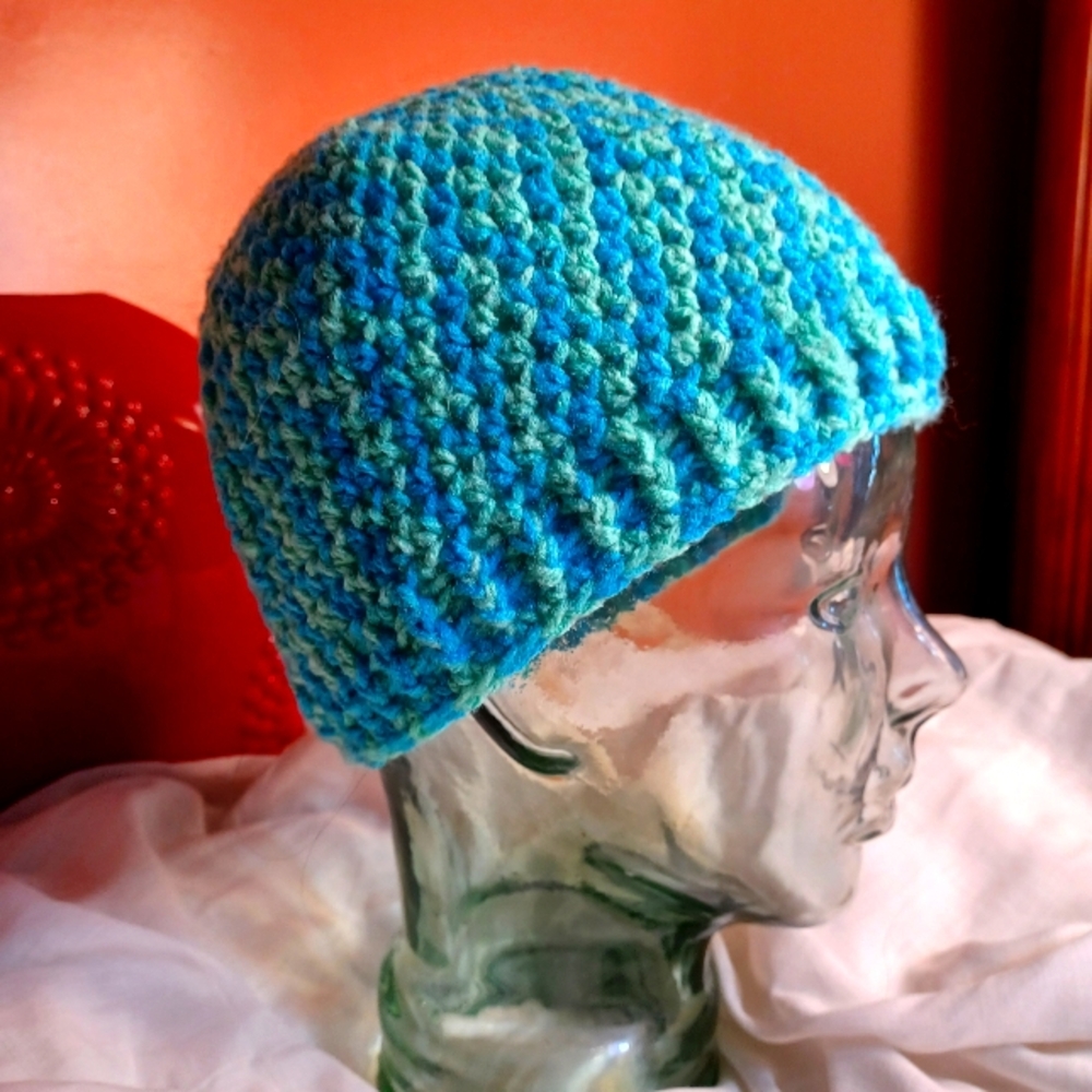 Handmade skullcap style hat unisex. In durable/washable acrylic